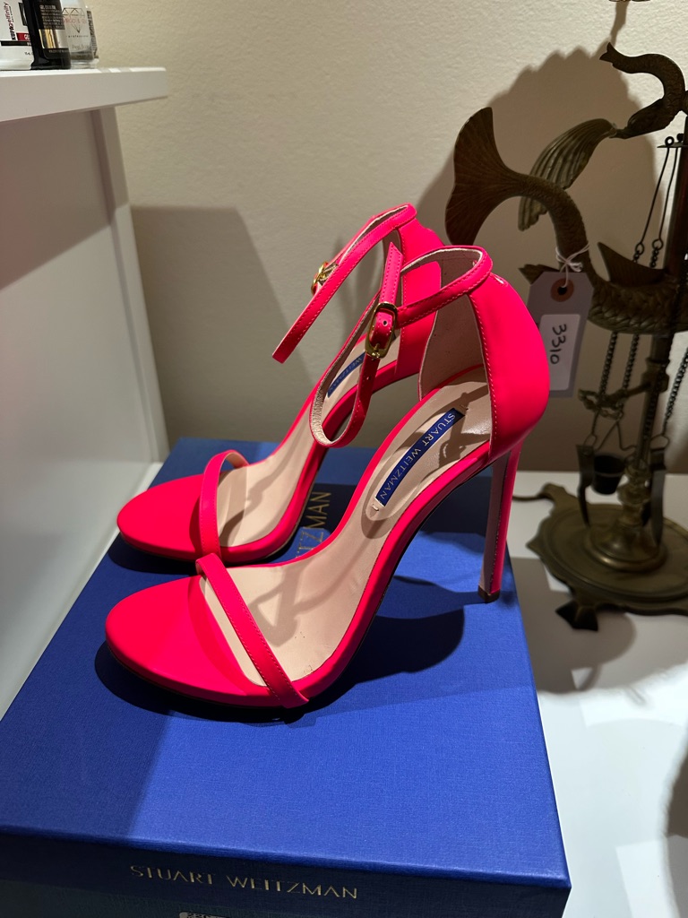 Stuart Weitzman Nudist Heels - Neon Pink Ankle-Strap Stiletto Sandals Sz 8.5